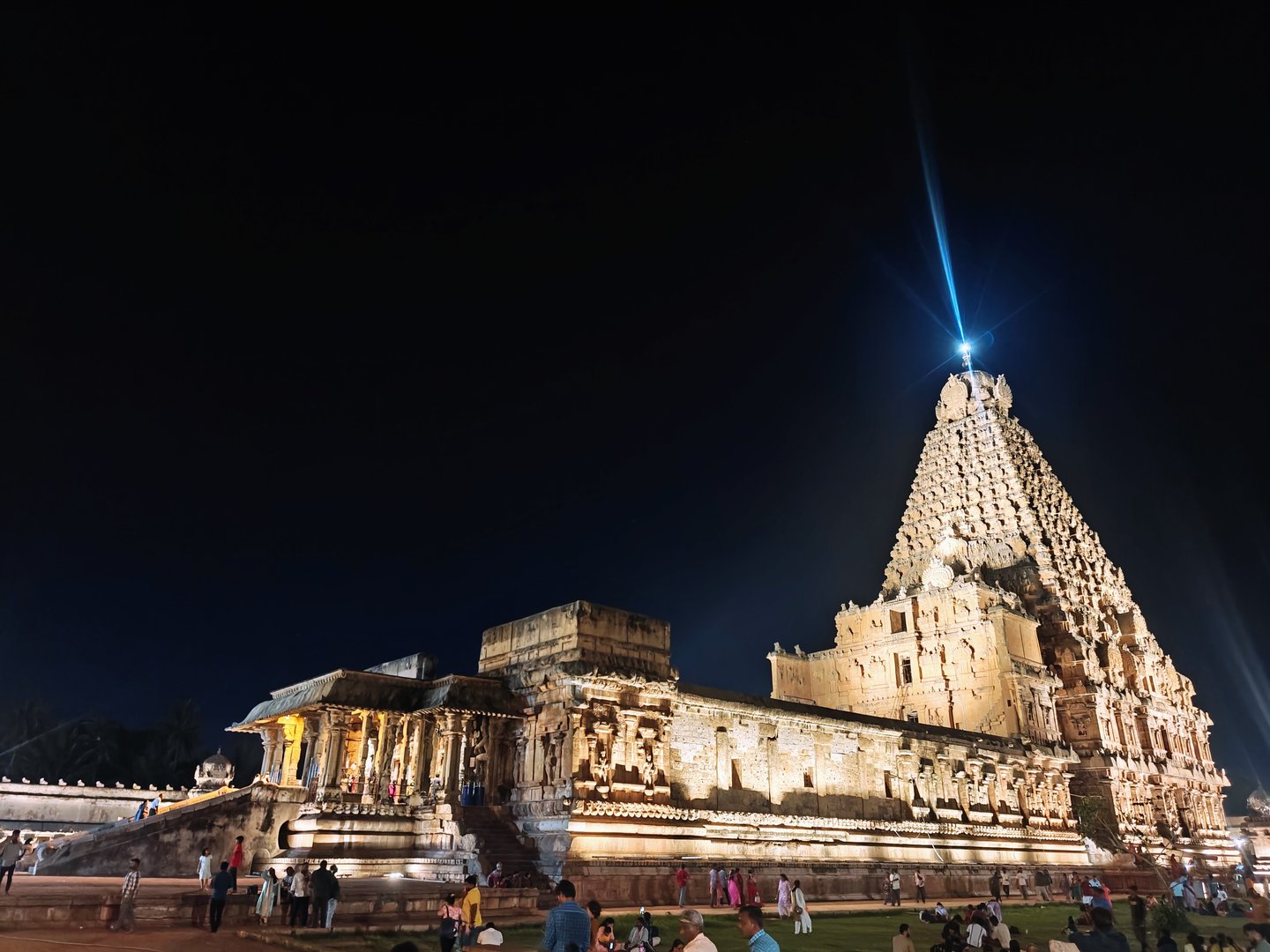 Brihadisvara Temple illuminated at night, Thanjavur — the 66-metre vimana lit against a dark sky