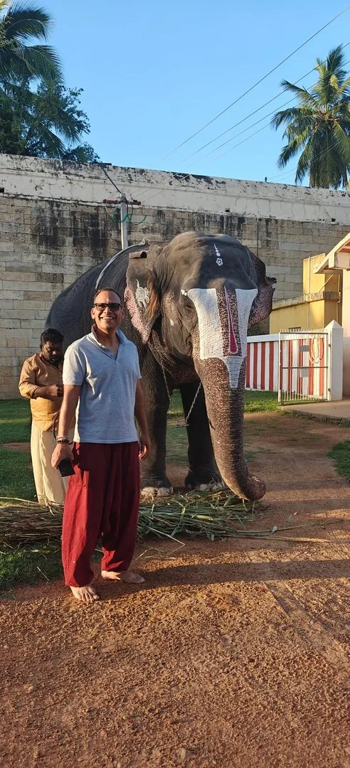 A visitor shares a quiet moment with a temple elephant — an encounter that goes beyond sightseeing