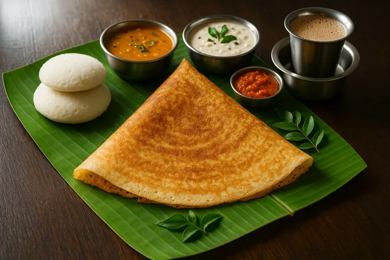 Idli and Dosa with 3 types of chutneys and South Indian filter coffee