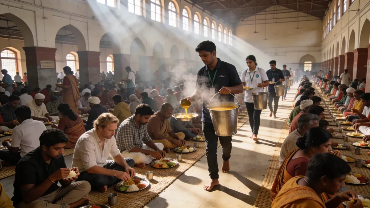 Volunteers serving food to visitors seated for a community meal
