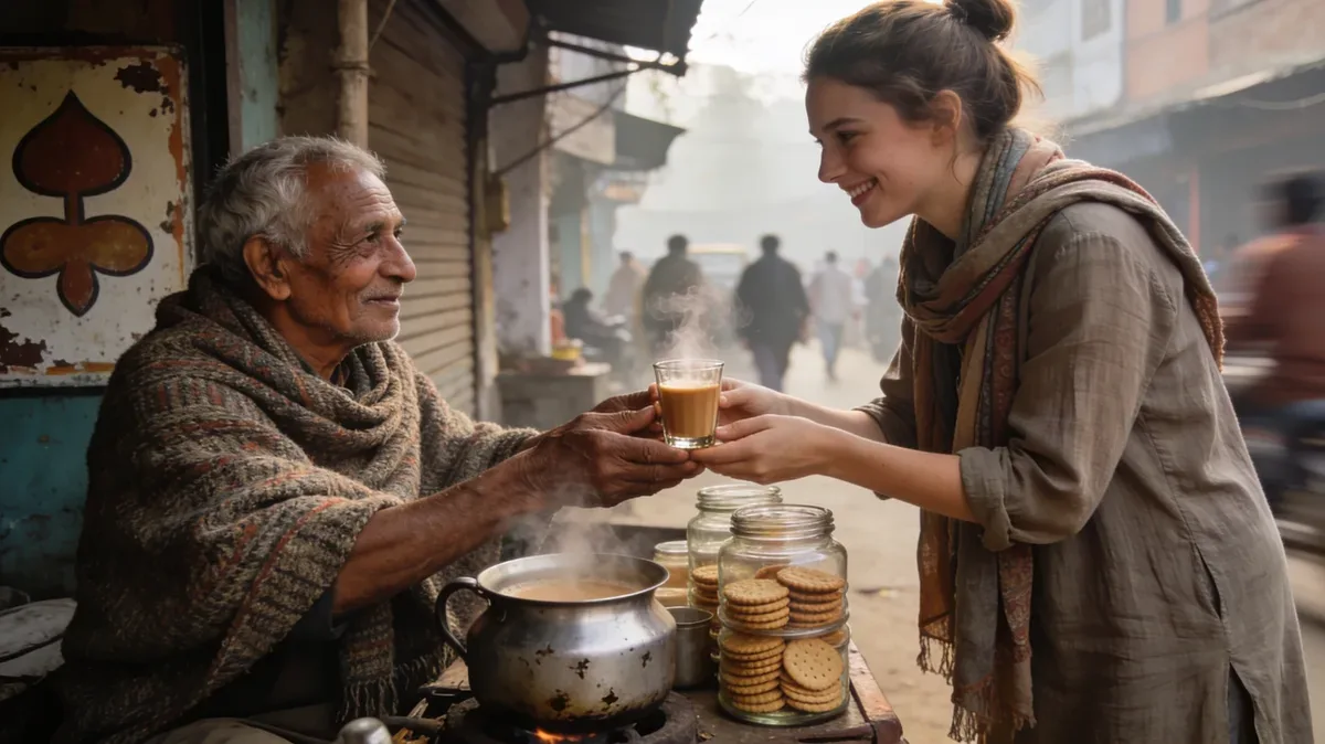 A traveler receiving a cup of chai from a local host at a street stall