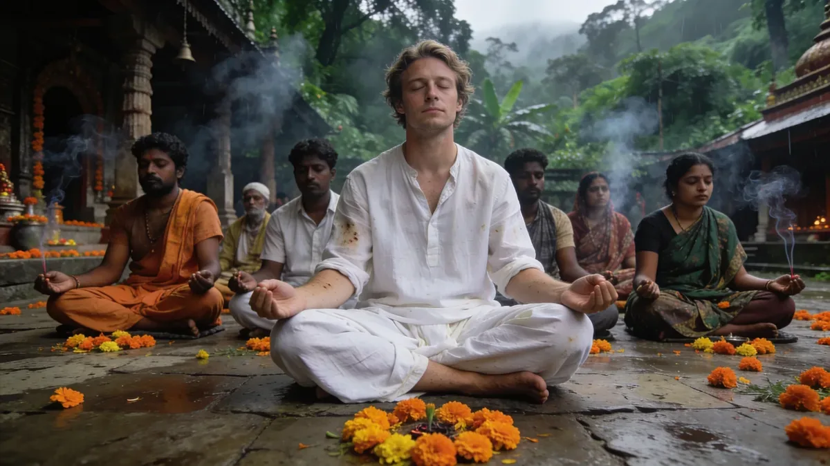 Visitors meditating together in a leafy shrine courtyard at Ganeshpuri