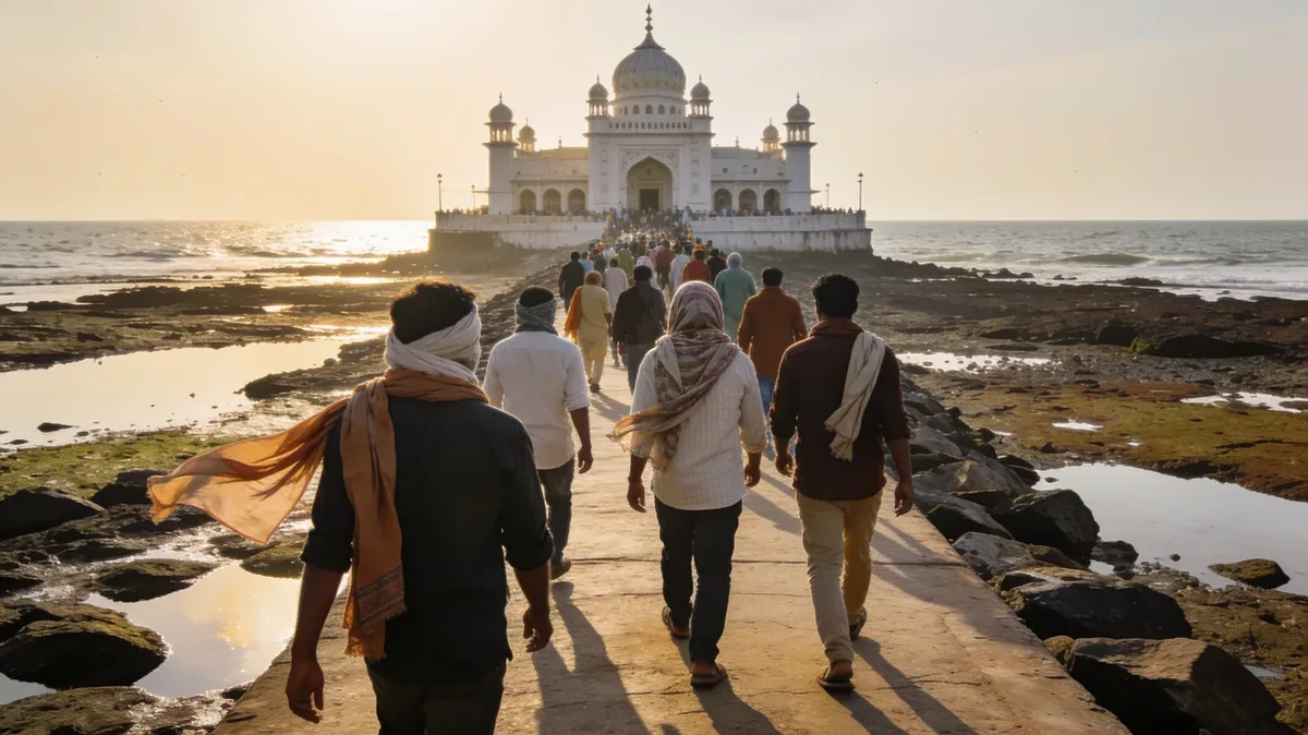 Visitors walking along the causeway toward Haji Ali Dargah in Mumbai