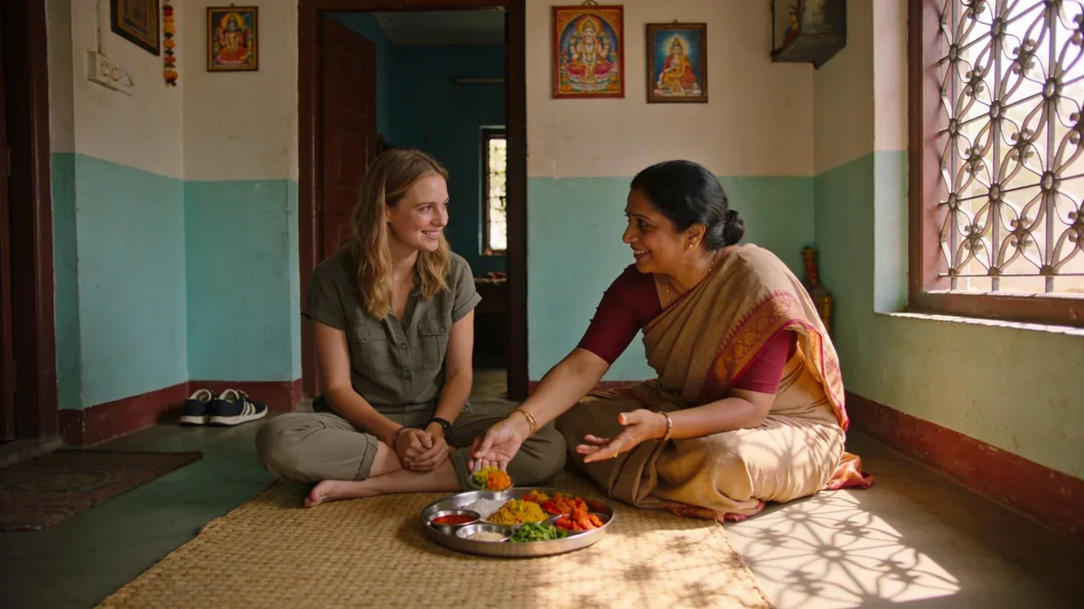 A visitor and an Indian host sharing a meal together at home